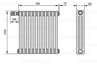 Схема (чертеж) Радиатор Zehnder Charleston 3100/11 №V012 Белый глянцевый RAL 9016